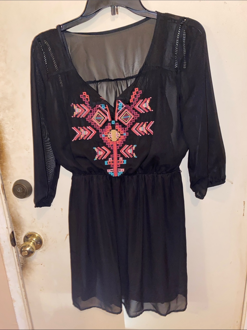 As U Wish Black Long Sleeve Dress with Pink & Turquoise Embroidery